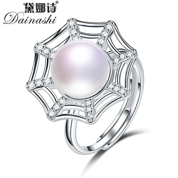 

Dainashi High Quality Freshwater Pearl Ring Party Gift 925 Sterling Silver Spider Web Crystal Zircon Adjustable Ring for Women