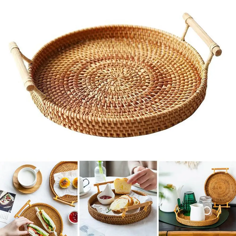 Round Hand-woven Fruit Storage Basket Rattan Bread Serving Handcrafted Tray Platter with Wooden Handle Classic
Round Hand-woven Fruit Storage Basket Rattan Bread Serving Handcrafted Tray Platter with Wooden Handle Classic