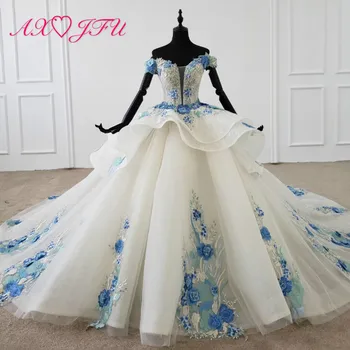 AXJFU Luxury princess white lace boat neck bride ruffles vintage illusion beading crystal blue flower feather wedding dress 1699
AXJFU Luxury princess white lace boat neck bride ruffles vintage illusion beading crystal blue flower feather wedding dress 1699