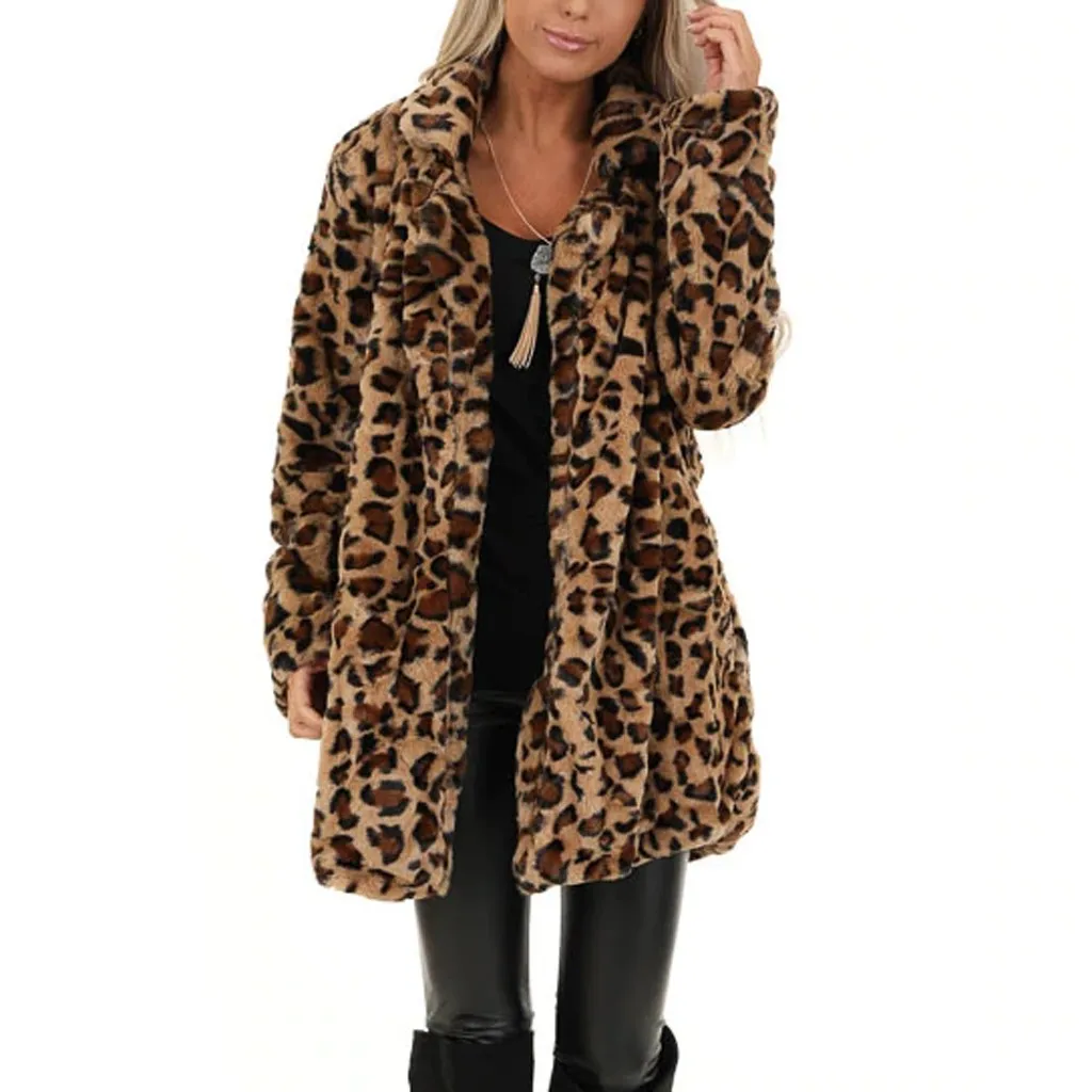 Фото Новый дизайн женское пушистое пальто с леопардовым принтом и карманами из