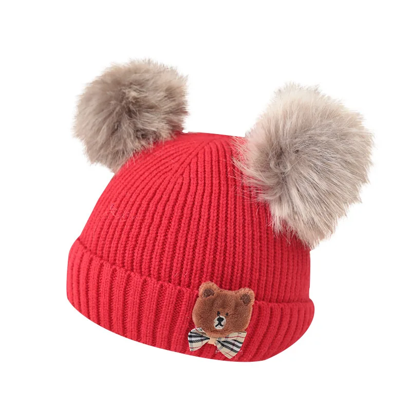 

Baby Boys Girls Knitted Cap Kids Children Winter Warm Double Furry Balls Pompom Hat Cute Woolen Bear Beanies for Toddler 4-18M