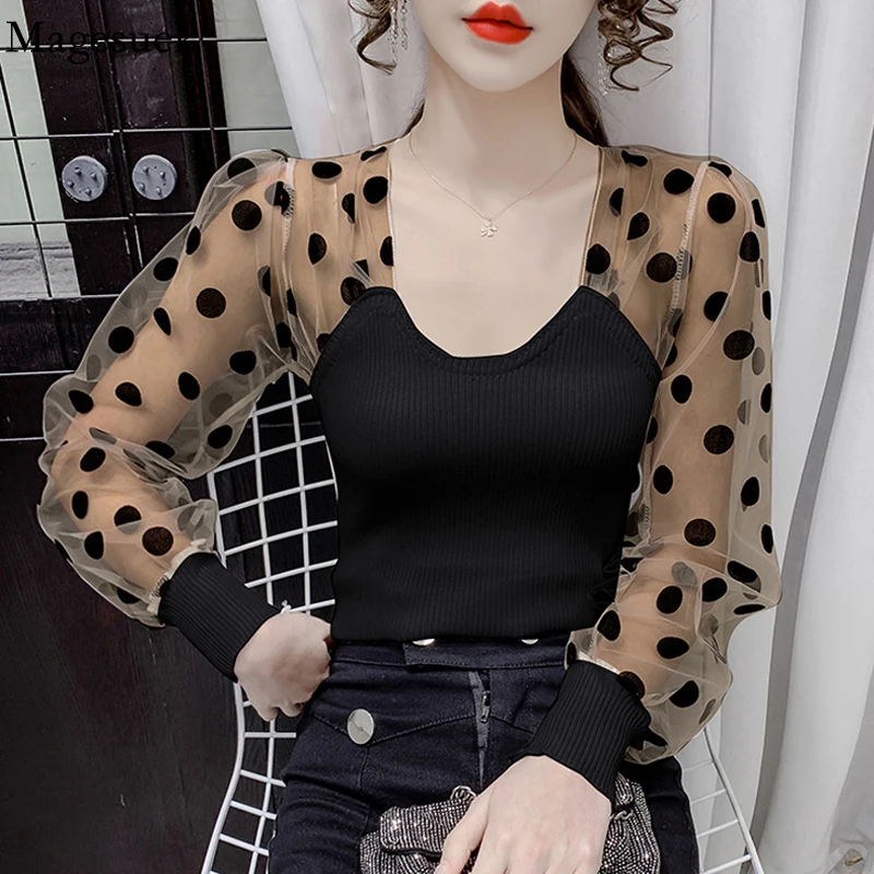 Fashion Polka Dot Chiffon Cotton Blouse Women French Patchwork Square Collar Knitted Tops Autumn Lantern Sleeve Slim Shirt 17371
Fashion Polka Dot Chiffon Cotton Blouse Women French Patchwork Square Collar Knitted Tops Autumn Lantern Sleeve Slim Shirt 17371