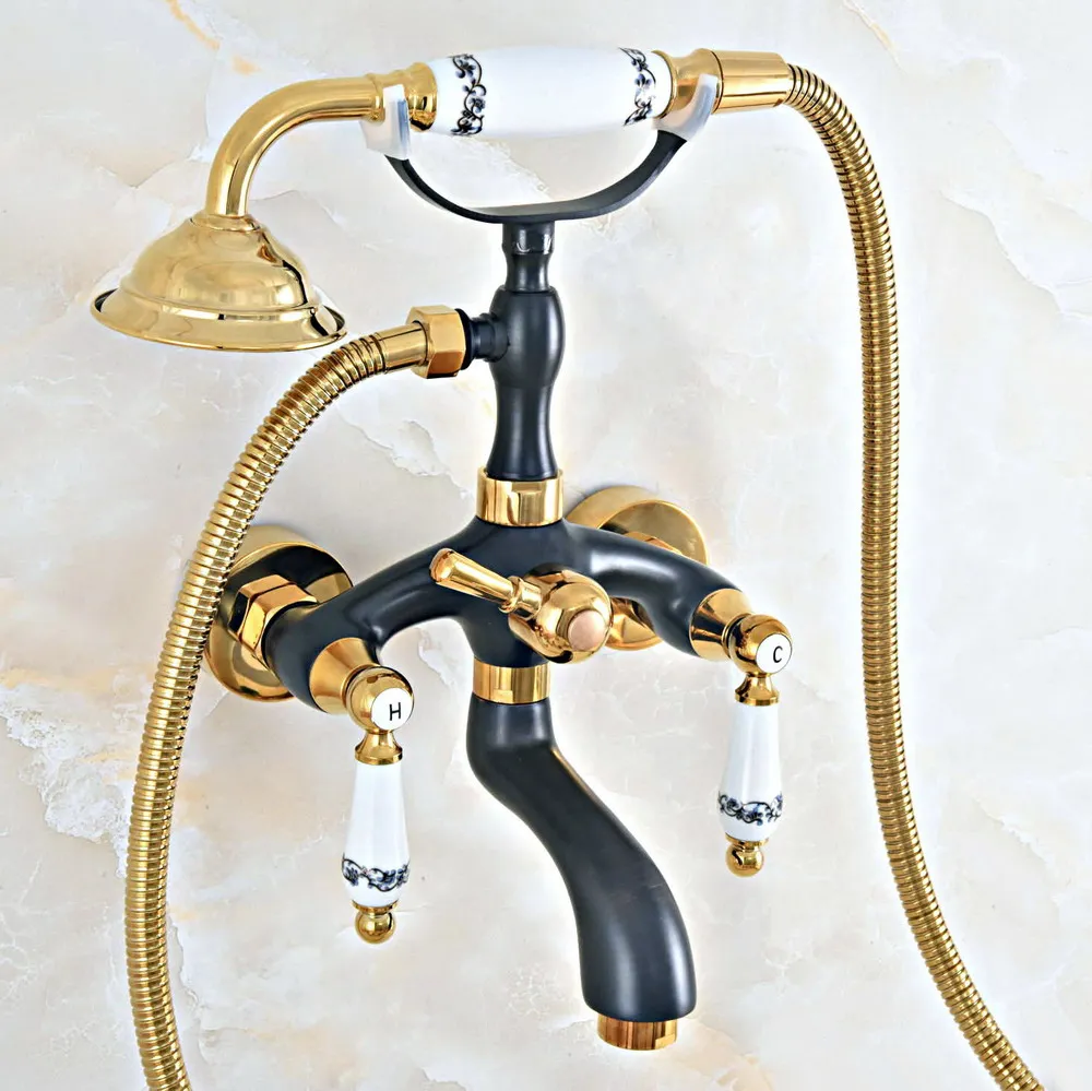 

Polished Gold & Black Oil Rubbed Brass Wall Mount Bathroom Tub Faucet Set WITH/ 1.5M Handheld Shower Spray Head Mixer Tap Dna438