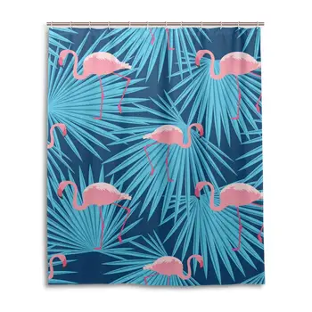 Pink Flamingos and Blue Summer Palm Leaves Polyester Fabric Bathroom Curtain 
Pink Flamingos and Blue Summer Palm Leaves Polyester Fabric Bathroom Curtain