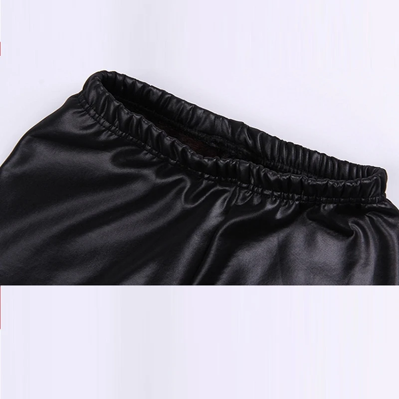 Леггинсы из ПУ кожи для девочек теплые тонкие брюки с цветочным принтом черные на