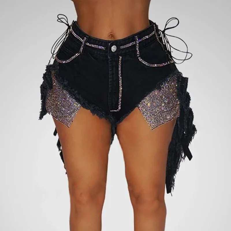 New Summer Bandage Denim Shorts Women High Waist Feminino Sequin Denim Panties Black Night Club Party Tassel Broken Jeans Shorts
New Summer Bandage Denim Shorts Women High Waist Feminino Sequin Denim Panties Black Night Club Party Tassel Broken Jeans Shorts