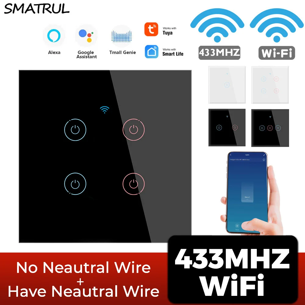 SMATRUL Tuya WiFi RF433MHz Touch Wall Switch Light Without Neutral Wire 1/2/3/4 Gang Glass 220V EU Smart Life APP Timing Google
SMATRUL Tuya WiFi RF433MHz Touch Wall Switch Light Without Neutral Wire 1/2/3/4 Gang Glass 220V EU Smart Life APP Timing Google