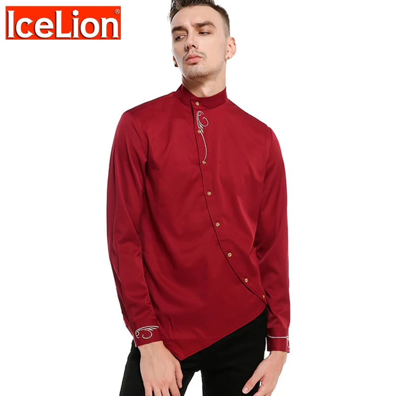 IceLion 2021 Новинка весны футболки Для мужчин Косой Кнопка нерегулярные вышивка
