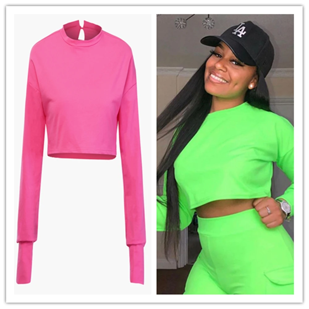 

BB Autumn Sweatshirt Outwear Women Tops Female Long Sleeve O Neck Neon Green Pink Kpop Cropped Ladies Hoodies Women Pullover