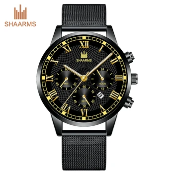 

SHAARMS Watches Men Stainless Steel Luxury Military Sport Watch Relogio Masculino Quartz Wristwatches Saat Reloj With Calendar