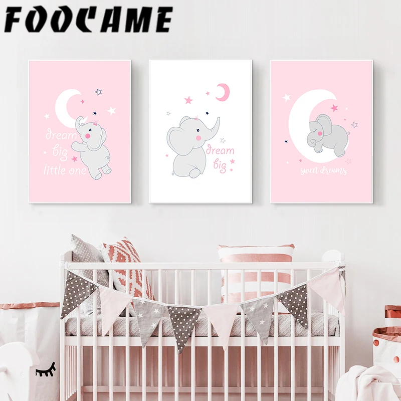 FOOCAME розовая девушка комната слон луна мультфильм скандинавский Плакат Детская