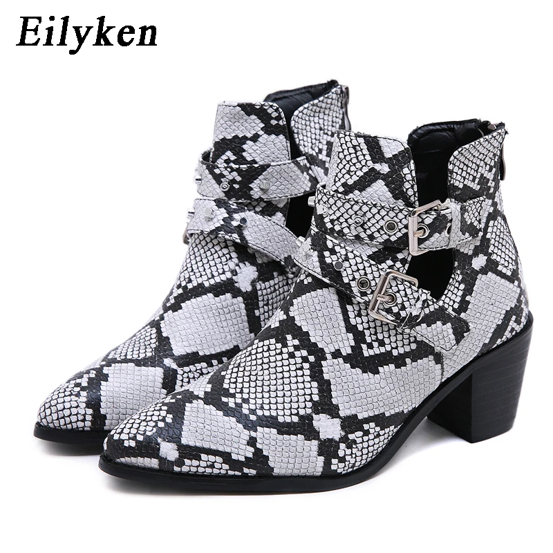 

Eilyken 2020 New Winter Fashion Snake Grain Women Buckle Strap Zipper Boots High Heels Shoes Female Pointed Toe Ladies Boots