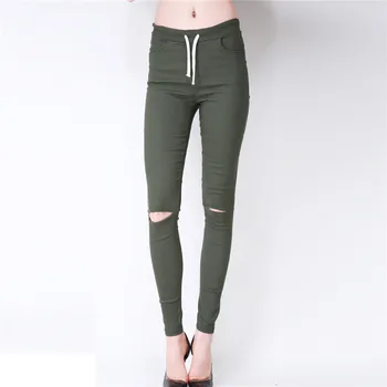 Women Casual Long Pants High Waist Torn Hole Knee Skinny Pencil Pants Slim Capris For Female Trousers Soild Color Elastic Waist 
Women Casual Long Pants High Waist Torn Hole Knee Skinny Pencil Pants Slim Capris For Female Trousers Soild Color Elastic Waist