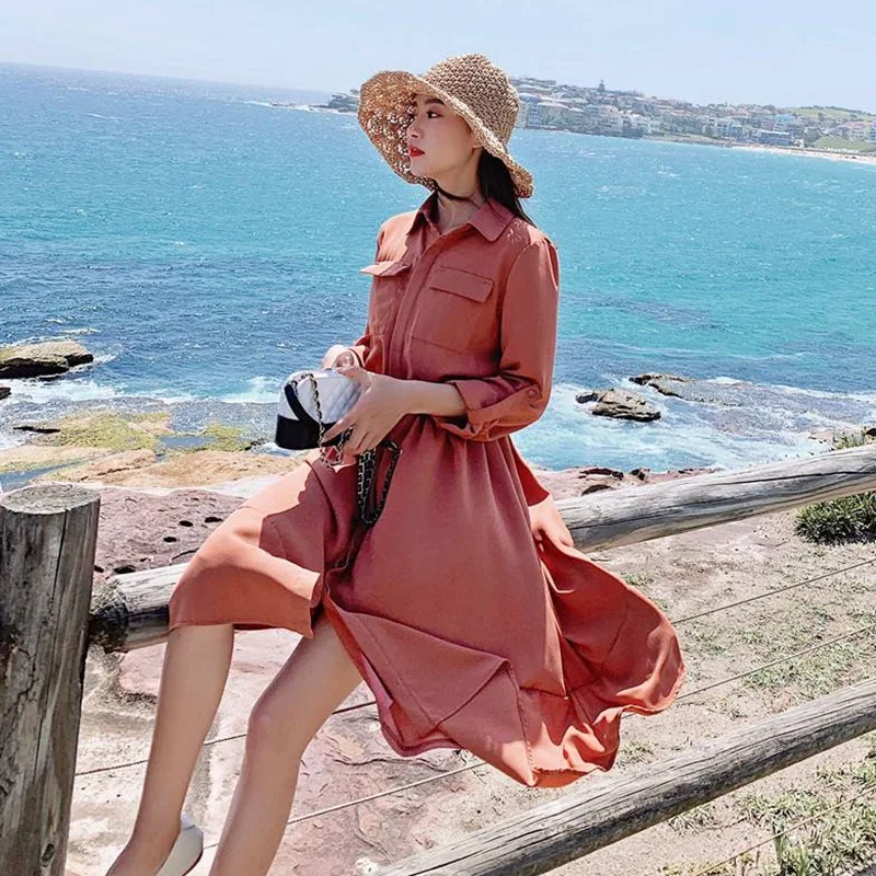 Photo Shoot INS Hipster Rust Red Fold-down Collar Drawstring Lace Dress Women's Mid-length Single Breasted Shirt Dress OL
Photo Shoot INS Hipster Rust Red Fold-down Collar Drawstring Lace Dress Women's Mid-length Single Breasted Shirt Dress OL