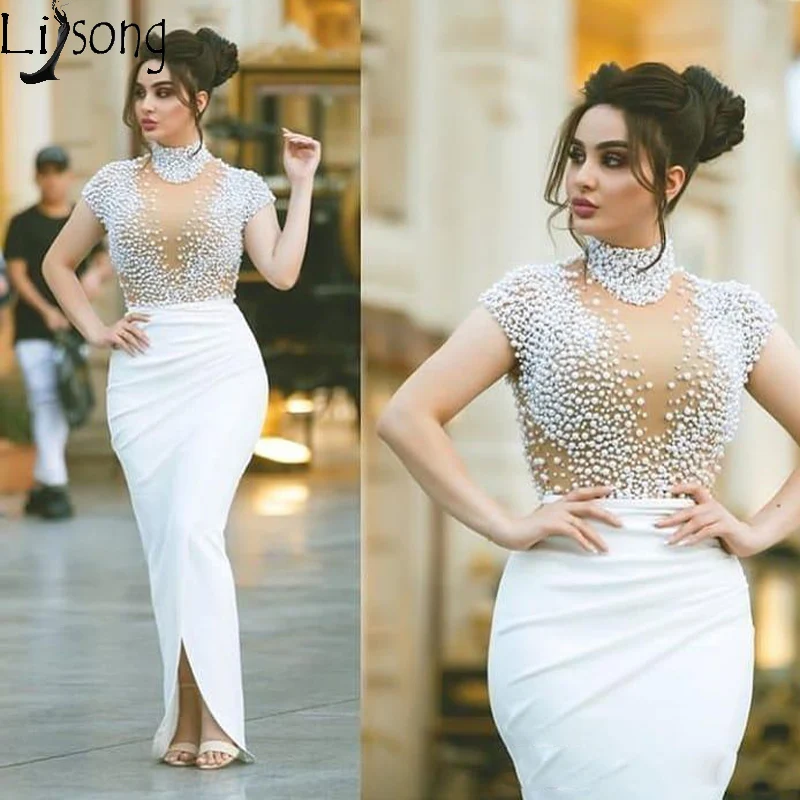 

Dubai Beaded Prom Dresses White High Neck Illusion See Through Cap Sleeves Formal Evening Dress Gala Party Gown robe de soiree