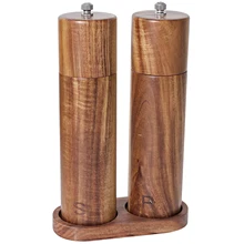 Leeseph Wooden Salt and Pepper Grinder Set Refillable and Matching Wood Tray - Tall 8 Inch Acacia Wood Salt and Pepper Shakers