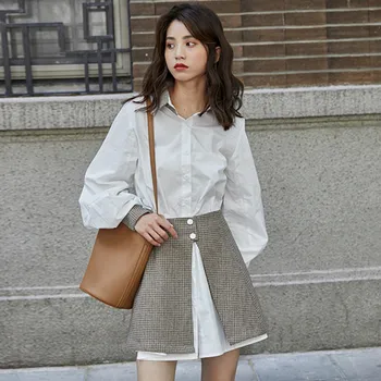 2 Piece Long Shirt&Mini Skirts for Women Autumn Lantern Sleeve White Shirt and Split Plaid Skirts Suit 2019 New Fashion 
2 Piece Long Shirt&Mini Skirts for Women Autumn Lantern Sleeve White Shirt and Split Plaid Skirts Suit 2019 New Fashion