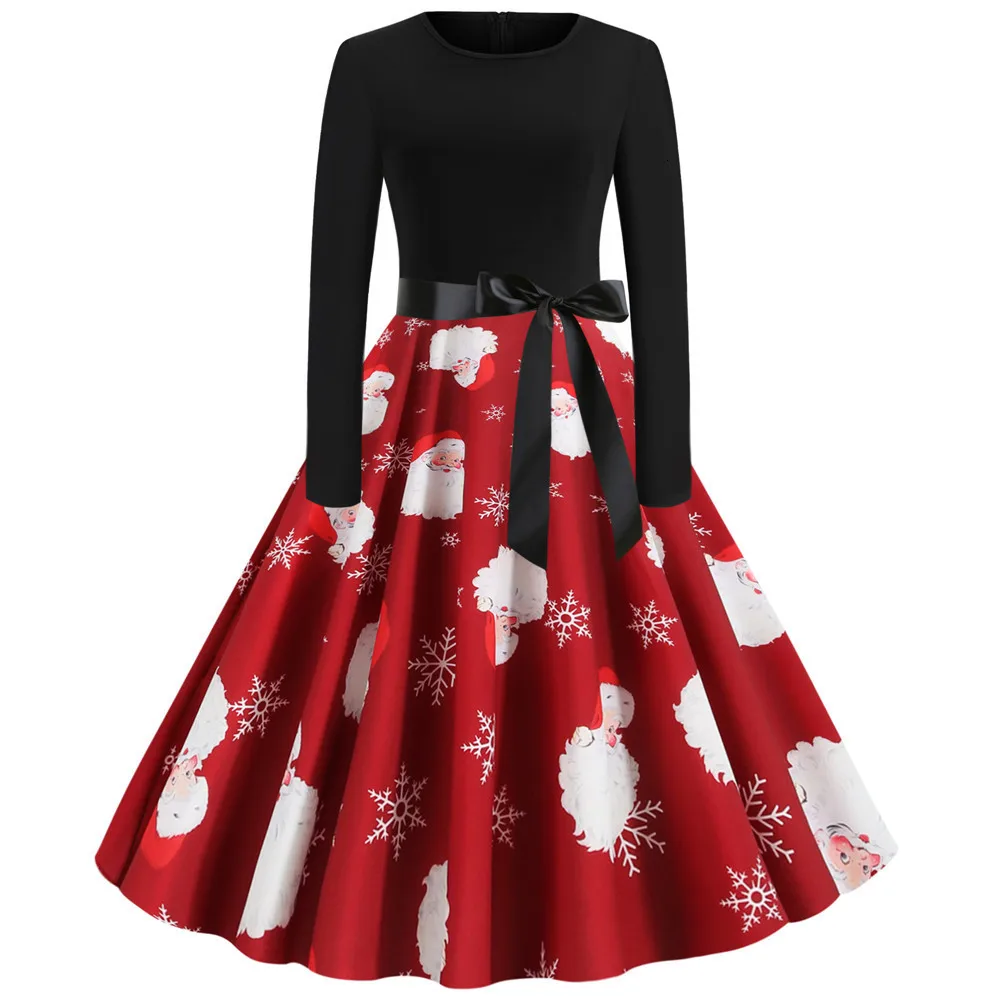 

Retro Printing Snowman Christmas Party Dress Hepburn Vintage 50s 60s Pin Up Rockabilly Dresses Robe Plus Size Elegant Midi Dress