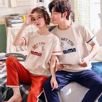Summer Pure Cotton Couples Short-sleeve Pullover Trousers Home Wear Creative Pure Cotton Thin Men's WOMEN'S Pajamas
Summer Pure Cotton Couples Short-sleeve Pullover Trousers Home Wear Creative Pure Cotton Thin Men's WOMEN'S Pajamas