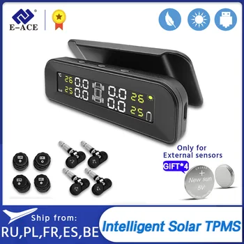 E-ACE Tyre Pressure Warning Monitoring System with 4 Sensor Real-time Digital Display TPMS Solar Car Tire Pressure Alarm System