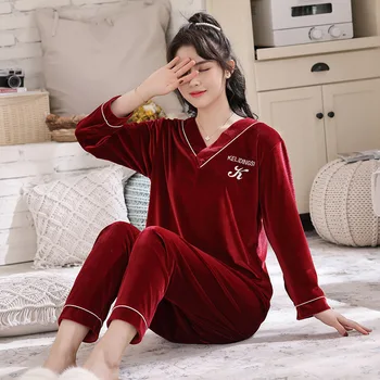 Female Sexy V-Neck 2PCS Pajamas Set Print Lettter Velour Pyjamas Sleepwear Sleep Suit Nightwear Autumn New Lounge Homewear
Female Sexy V-Neck 2PCS Pajamas Set Print Lettter Velour Pyjamas Sleepwear Sleep Suit Nightwear Autumn New Lounge Homewear