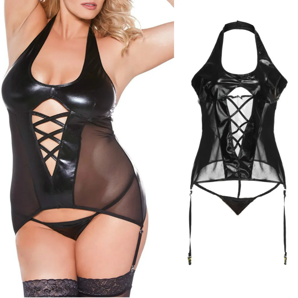 

Women Transparent Lingerie Set Sexy Tights Top Glossy PU Leather Breast Exposing Bodysuit Erotic Latex Babydoll Sex Belt Cosplay