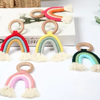 1 Pc Baby Teething Wooden Ring Rainbow Tassel Macrame Cotton Boho Newborn Nursing Teether Toy Shower Gift
