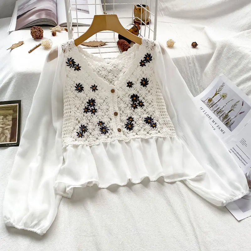 Lace Jacquard Chiffon Top New Design Embroidered Top 2021Autumn Women's Hollow Out Long Sleeve Elegant Office Patchwork Shirt
Lace Jacquard Chiffon Top New Design Embroidered Top 2021Autumn Women's Hollow Out Long Sleeve Elegant Office Patchwork Shirt