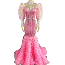Fashion Tight Gauze Long Cascading Ruffle Tailing Dress Sparkling Embellished Beaded Pearl Puff Sleeve Dresses Stage Wear Lady 
Fashion Tight Gauze Long Cascading Ruffle Tailing Dress Sparkling Embellished Beaded Pearl Puff Sleeve Dresses Stage Wear Lady