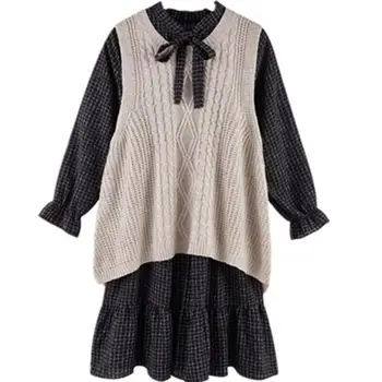 Spring New Korea Two-Piece Knitted Vest Plaid Midi Dress Casual Ruffles Loose Dress Autumn Long Sleeve Bowknot A-Line Dress
Spring New Korea Two-Piece Knitted Vest Plaid Midi Dress Casual Ruffles Loose Dress Autumn Long Sleeve Bowknot A-Line Dress