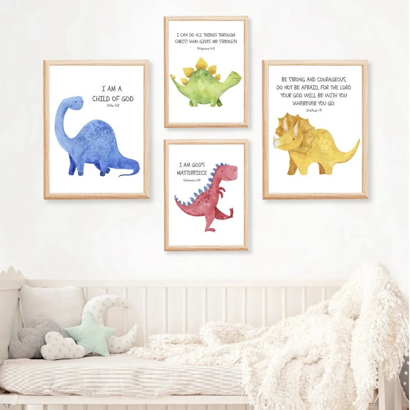 

Kid's Bible Verse Quote Prints Dinosaur Watercolor Nursery Wall Art Pictures Canvas Painting Scripture Posters Baby Shower Gift