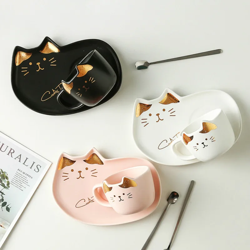 

Креативная мультяшная керамическая кофейная чашка, милая кошка с подносом, чашка для завтрака, молока, напитков, кружка для пары, тарелка для хлеба и десерта, персонализированный подарок