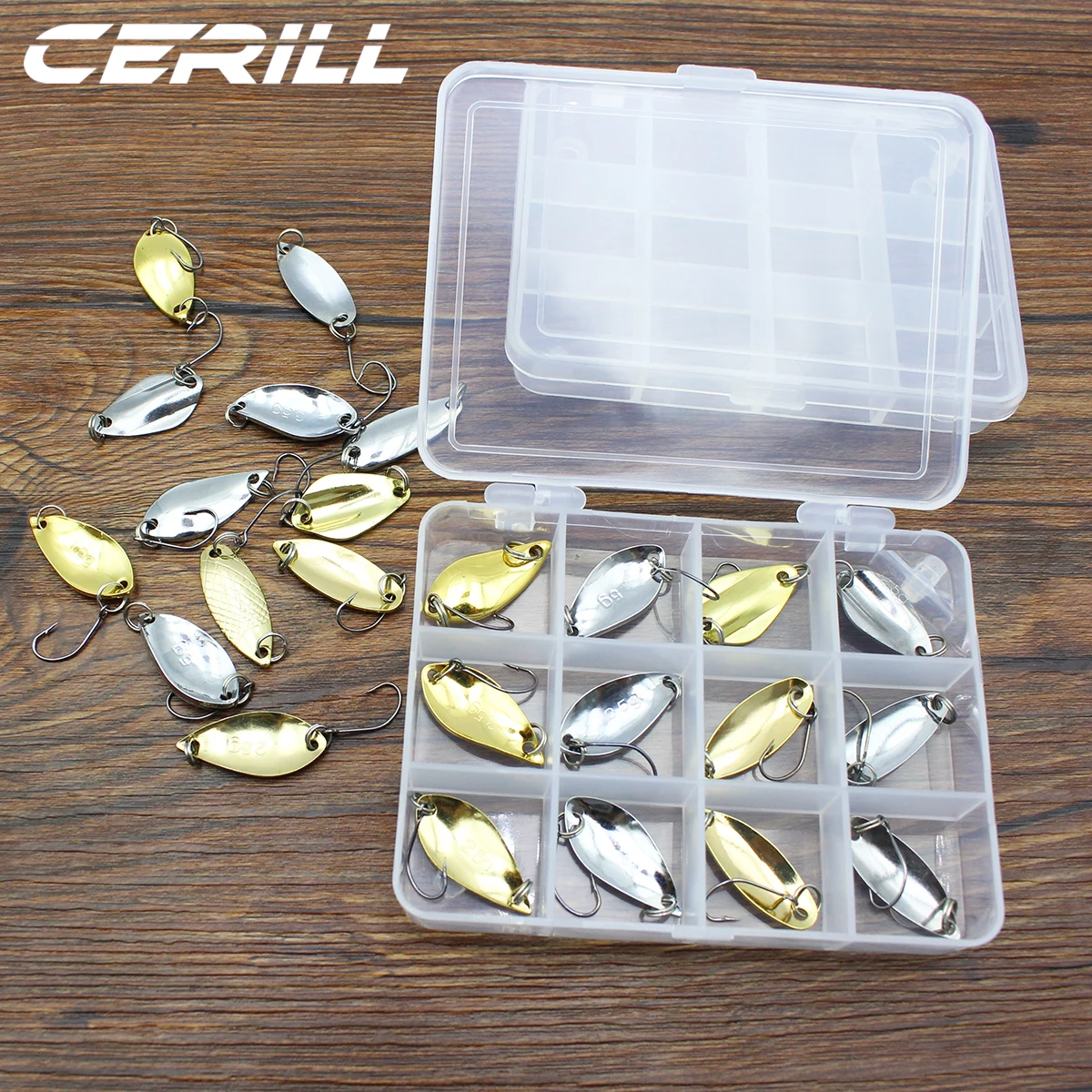 Фото Cerill 12 PCS Spoon Metal Fishing Lure Set Wobbler Spinner Bait With Hook Spinnerbait Kit Box Gold Silver Color | Спорт и