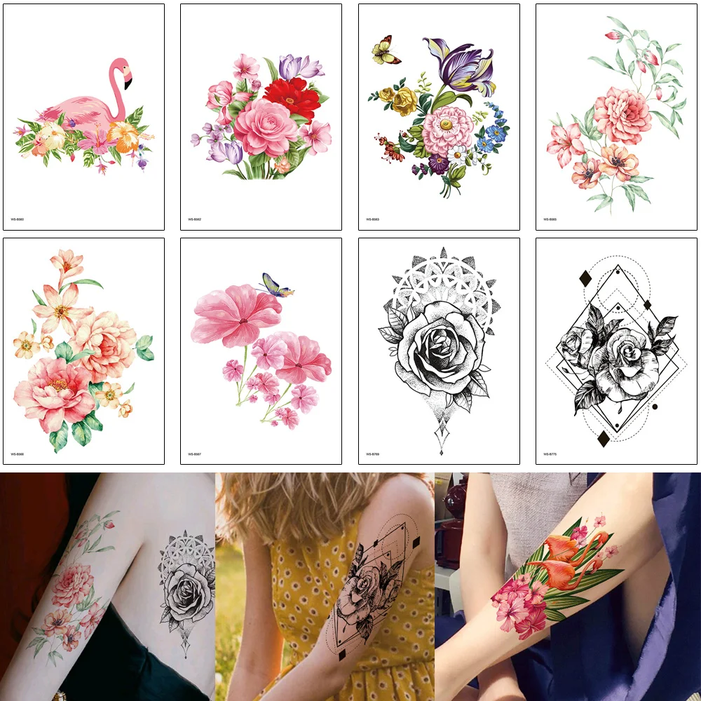 Татуировка на руку для женщины девушки боди-арт наклейка фламинго цветок бабочка