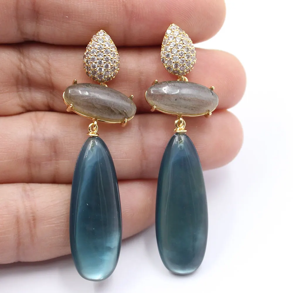 

GuaiGuai Jewelry Natural Blue Moss Glass Shell Inside Labradorite Gold Plated CZ Paved Dangle Stud Earrings Handmade For Women