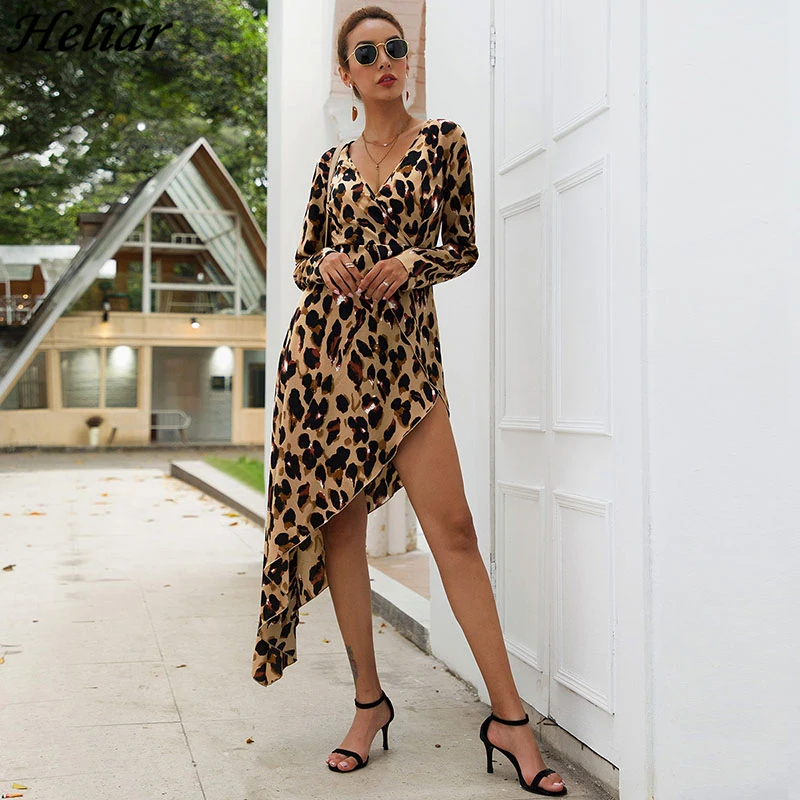HELIAR Irregular V-Neck Dress Women Leopard Printed One Piece High Waist 2019 Autumn Elegant Highstreet For | Женская одежда