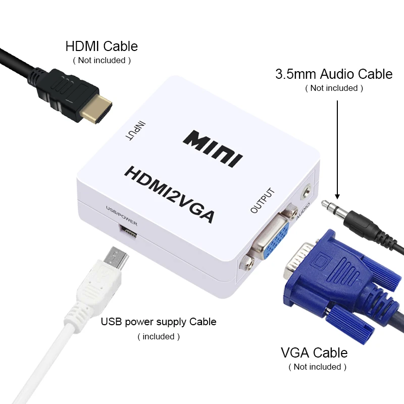 Фото Original HD 1080P MINI HDMI to VGA Converter With Audio Video Box Adapter For Xbox360 PC DVD PS3 | Электроника