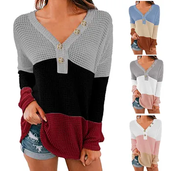 Women's Knitted Sweaters V-neck Long-sleeved Button Color-blocking Patchwork Winter Autumn Sweater Women Korean 9.24
Women's Knitted Sweaters V-neck Long-sleeved Button Color-blocking Patchwork Winter Autumn Sweater Women Korean 9.24