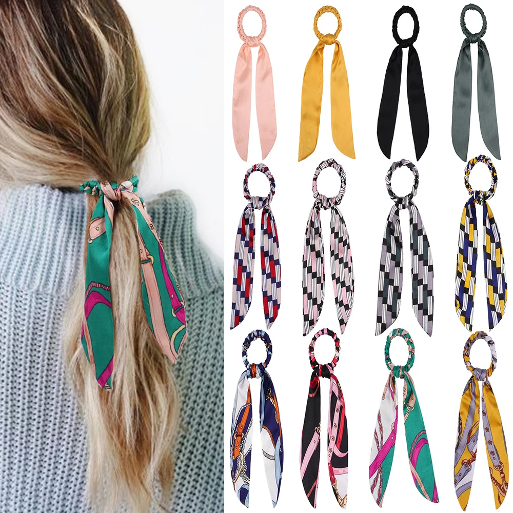 

Flower Print Hair Ties Ribbon Rope Elastic Hair Bands Vintage Long Hair Scarf Plaid Ponytail Bow Scrunchie Women Hair Circle