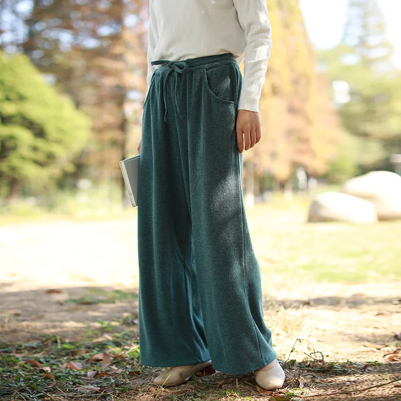 

LZJN 2019 Autumn Winter Casual Women Knit Pants Loose Elastic Waistband Drawstring Knitted Wide Leg Pants Comfit Trouser Pockets