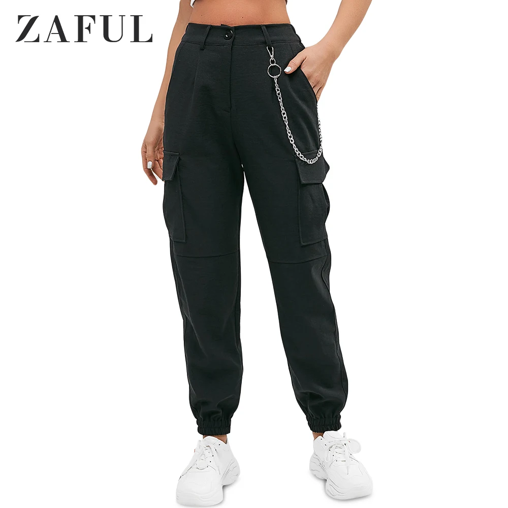 

ZAFUL Chain Flap Pockets High Waisted Jogger Pants For Women Zipper Fly Solid Casual Sports Female Full Trousers Newest Pants