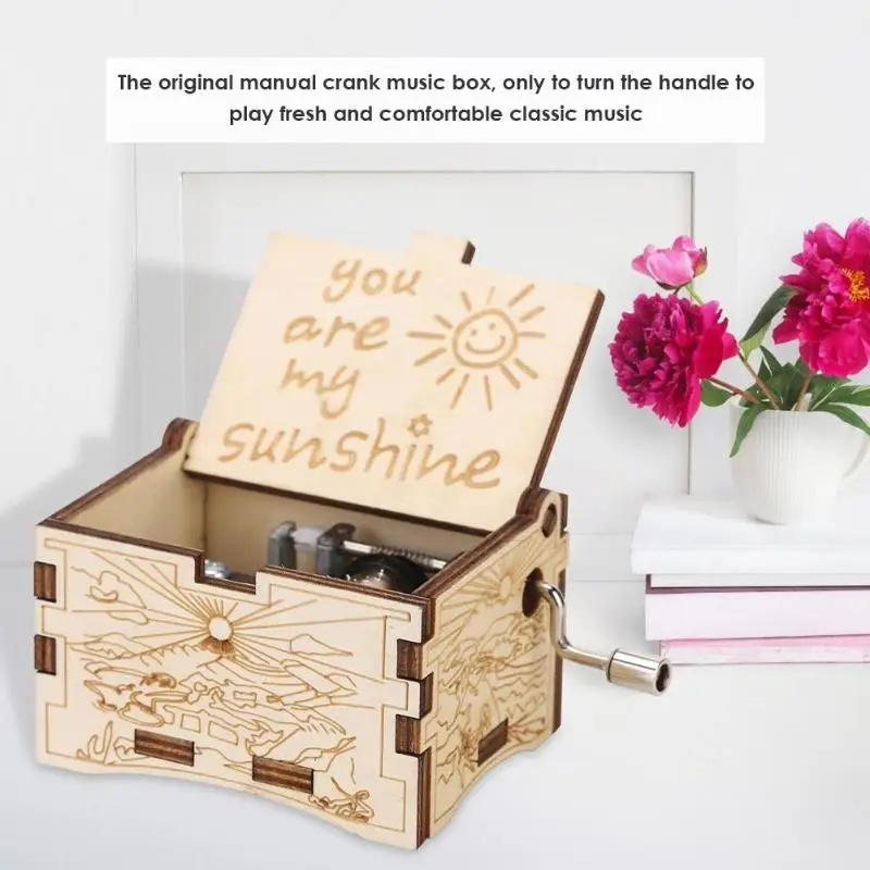 carved birch plywood manual music box hand cranked birthday gift