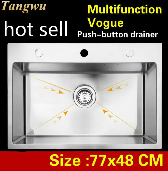 

Free shipping Apartme big kitchen manual sink single trough 304 stainless steel push-button drainer luxury hot sell 77x48 CM