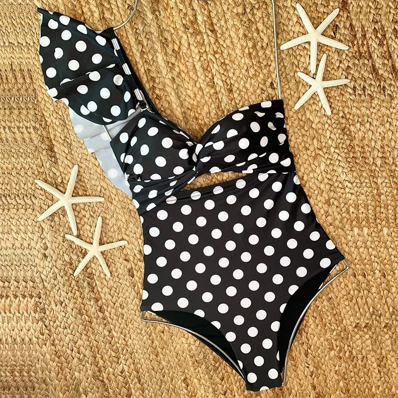 Фото Сексуальный цельный купальник 2020 с вырезами женский со съемным плечом и двойными