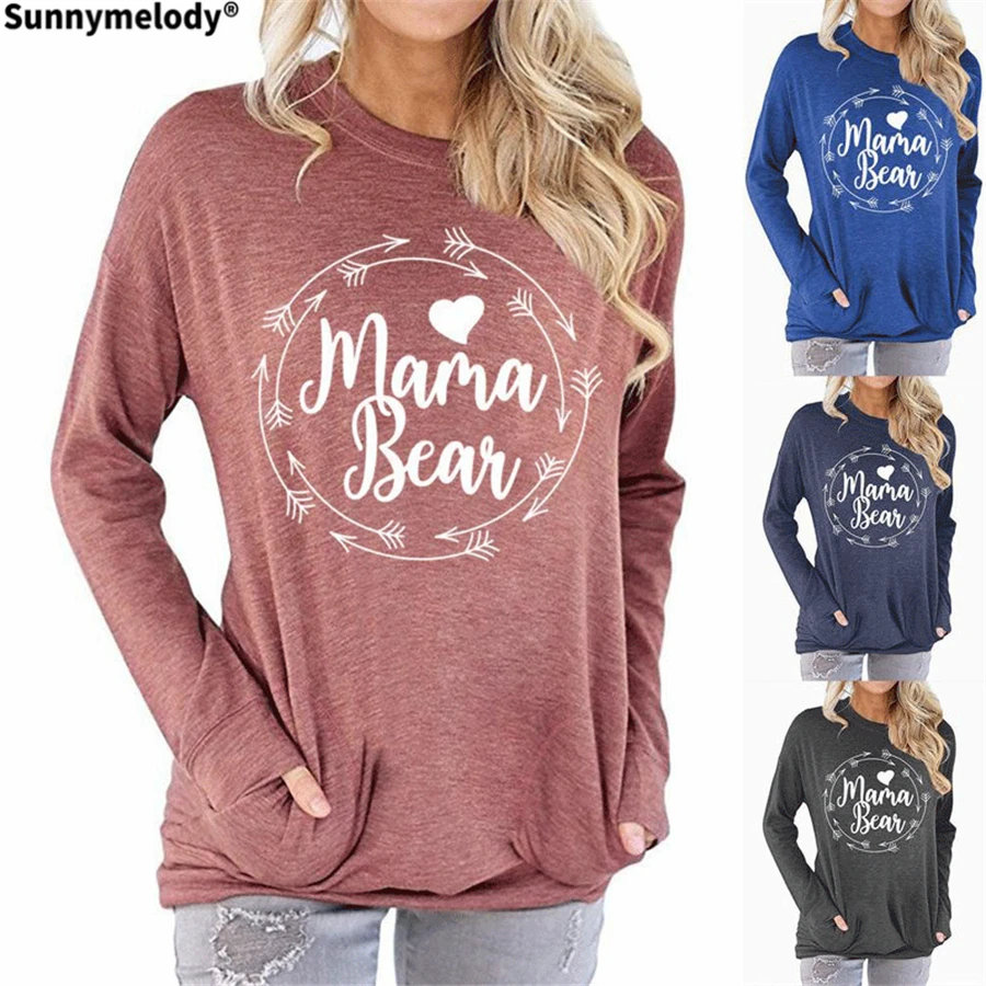 Winter 2020 women's hot style pocket hoodie Mama Bear monogrammed T-shirt with loose round neck and long sleeves
Winter 2020 women's hot style pocket hoodie Mama Bear monogrammed T-shirt with loose round neck and long sleeves