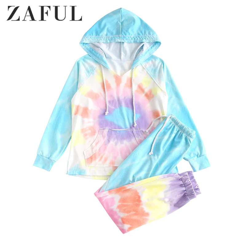 

ZAFUL Ombre Tie Dye Pocket Lounge Set Hoodie And Sweatpants Set Home Stitching Hoodie Set Pullover Outfits Casual Women Suit