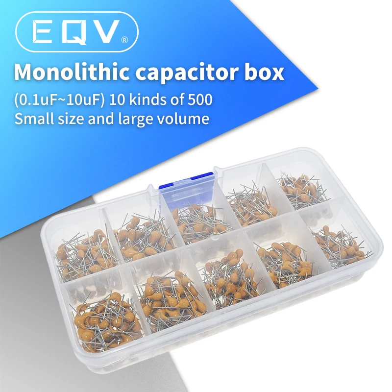 EQV 500pcs/lot 10Values*50pcs 0.1uF-10uF(104~106) 50V Multilayer Ceramic Capacitors Assorted Kit Assortment Set with Storage Box |