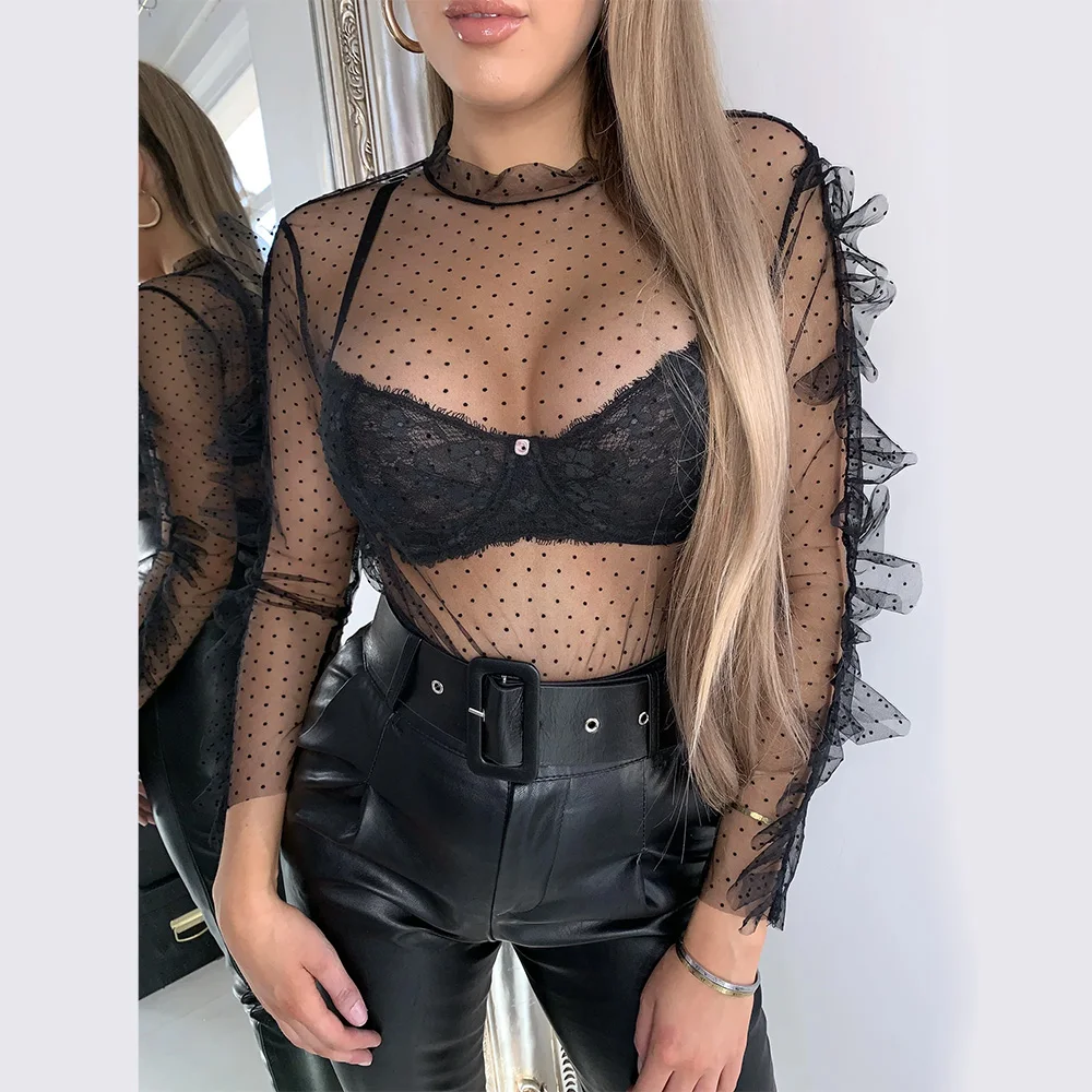 Women Sexy Mesh Sheer Polka Dot Tops Spring Summer Ruffle Pleated Style Backless Round Neck Long Sleeve Casual Party Blusas D35
Women Sexy Mesh Sheer Polka Dot Tops Spring Summer Ruffle Pleated Style Backless Round Neck Long Sleeve Casual Party Blusas D35