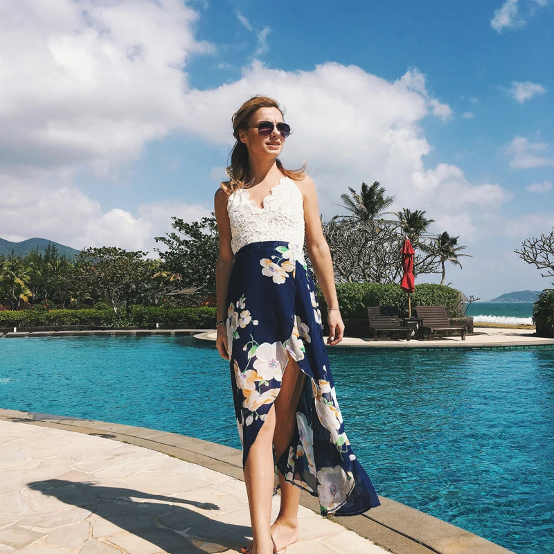Кружевное лоскутное пляжное платье с цветочным принтом и открытой спиной