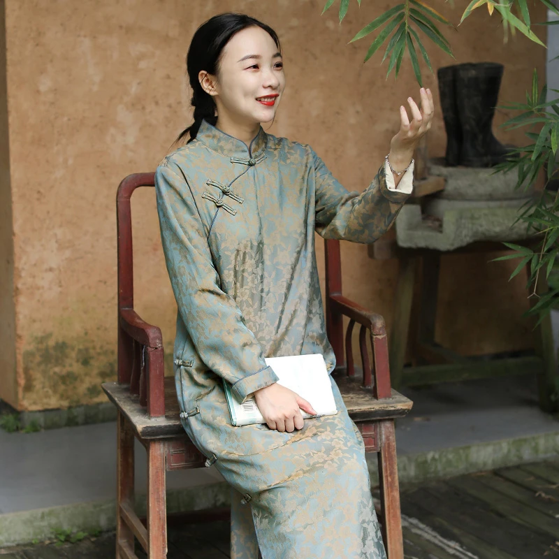 

LZJN 2020 New Autumn Winter Women Long Sleeve Cheongsam Modern Qipao Ladies Chinese Traditional Long Dress